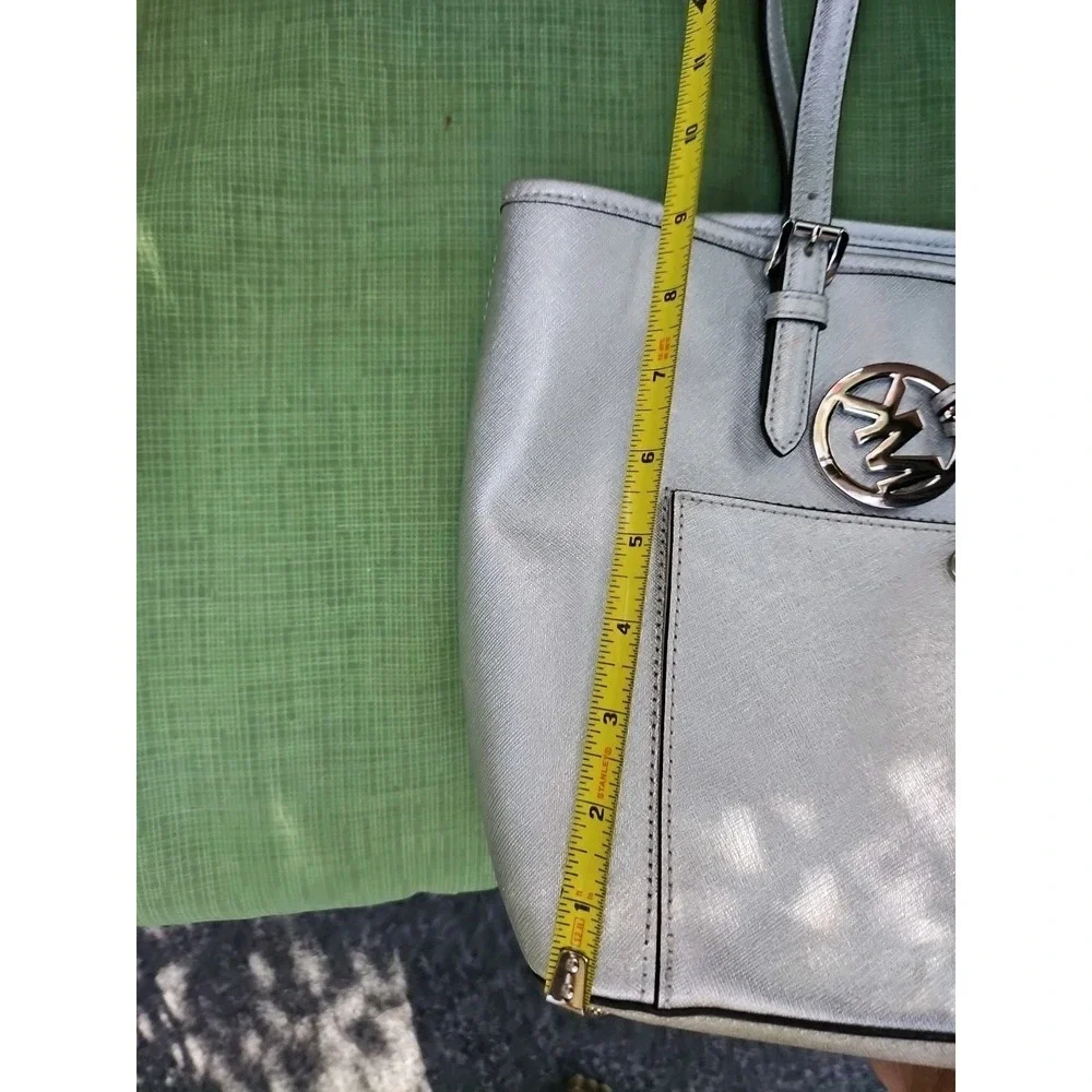 Michael Kors Jet Set Silver Metallic Tote Bag Purse Satchel MK‎ Logo Large